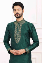 Raivat Ethnic Art Banarasi Silk Thread Work Kurta Pajama In Green Colour | Grocsy