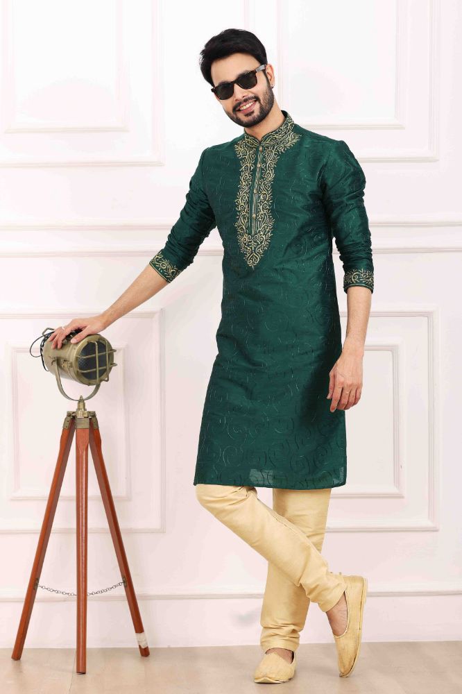 Raivat Ethnic Art Banarasi Silk Thread Work Kurta Pajama In Green Colour | Grocsy