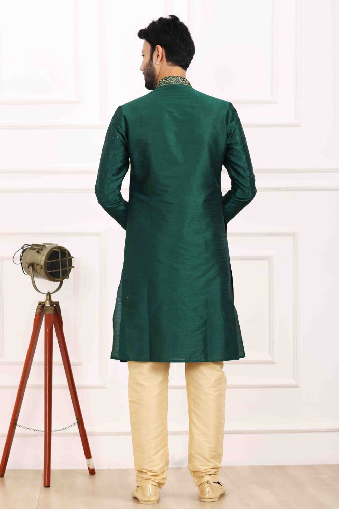 Raivat Ethnic Art Banarasi Silk Thread Work Kurta Pajama In Green Colour | Grocsy