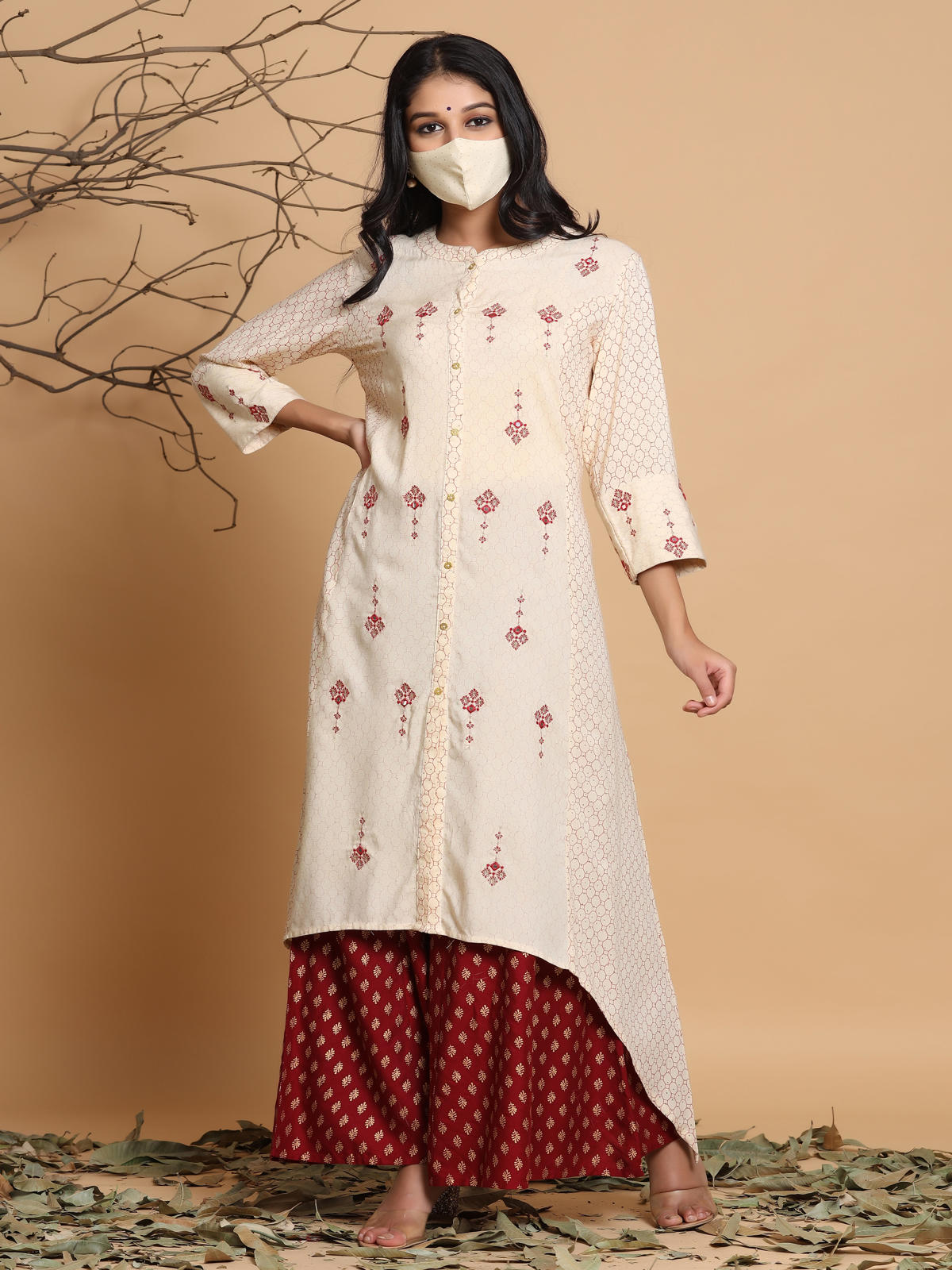 Juniper Women's Ivory Geometric Printed & Embroidered Rayon Kurta | Grocsy