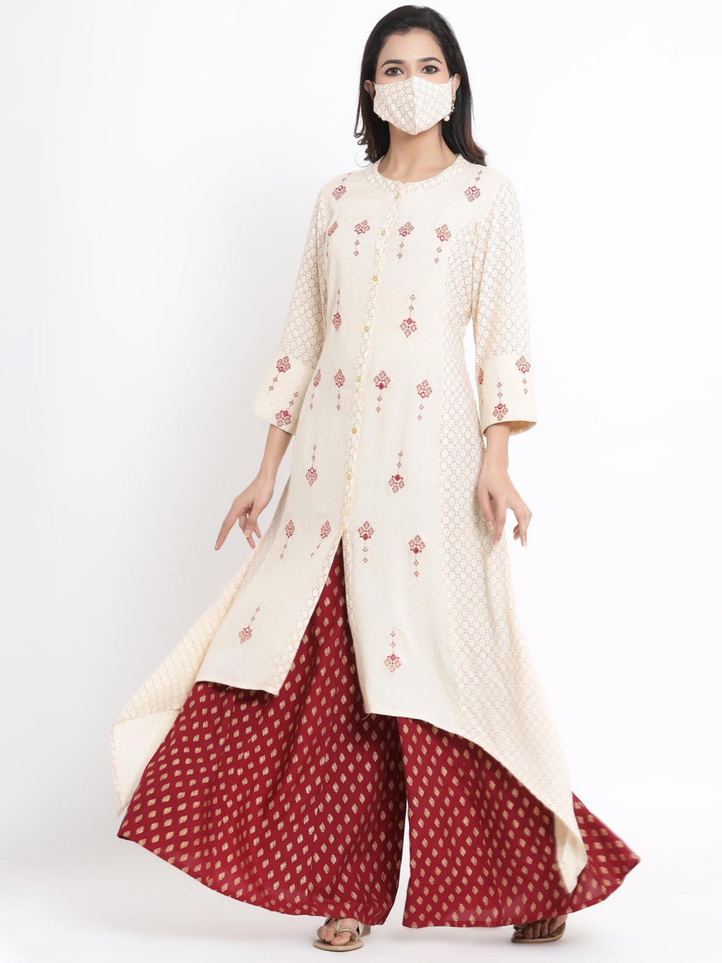 Juniper Women's Ivory Geometric Printed & Embroidered Rayon Kurta | Grocsy
