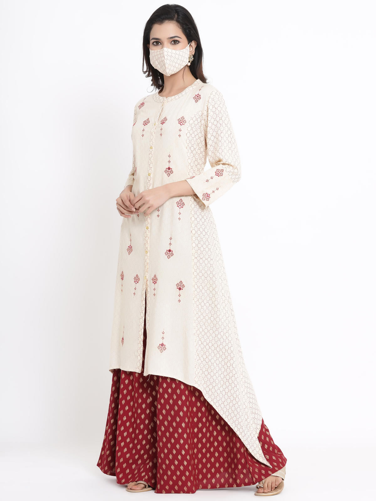 Juniper Women's Ivory Geometric Printed & Embroidered Rayon Kurta | Grocsy