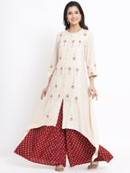 Juniper Women's Ivory Geometric Printed & Embroidered Rayon Kurta | Grocsy