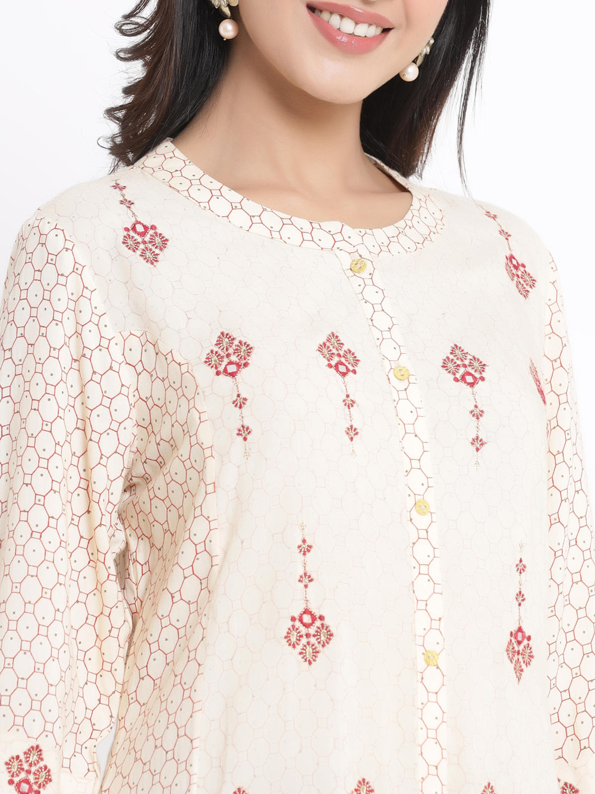 Juniper Women's Ivory Geometric Printed & Embroidered Rayon Kurta | Grocsy