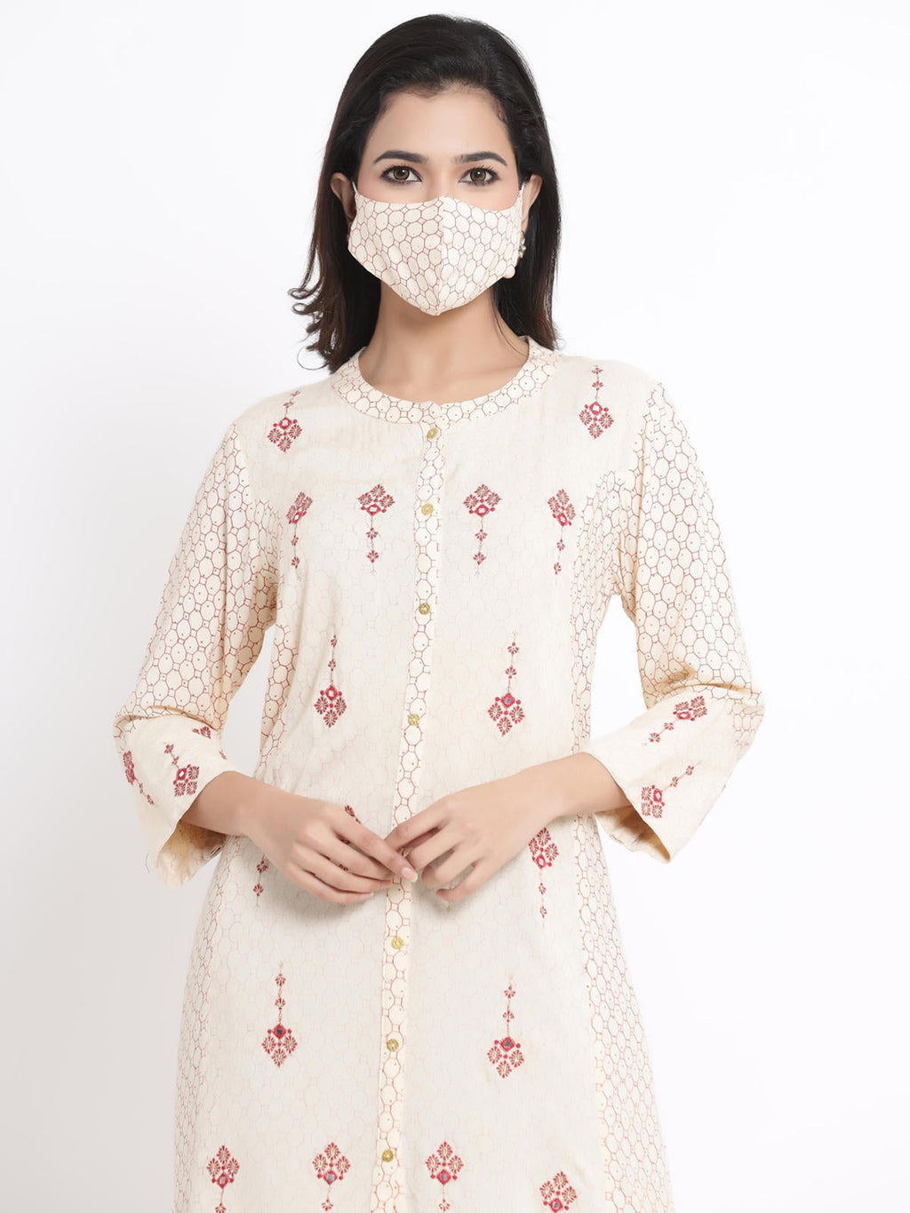 Juniper Women's Ivory Geometric Printed & Embroidered Rayon Kurta | Grocsy