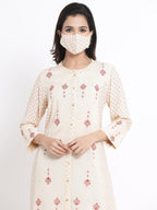 Juniper Women's Ivory Geometric Printed & Embroidered Rayon Kurta | Grocsy