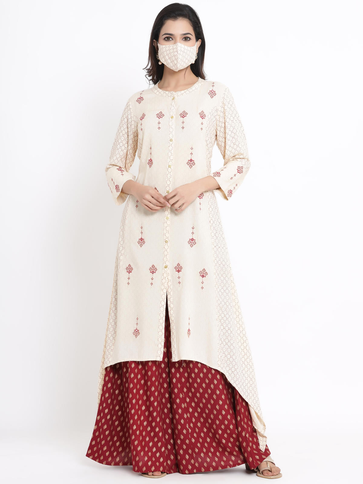 Juniper Women's Ivory Geometric Printed & Embroidered Rayon Kurta | Grocsy