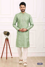 Raivat Ethnic Art Banarasi Silk Thread Work Kurta Pajama In Pista Green Colour | Grocsy