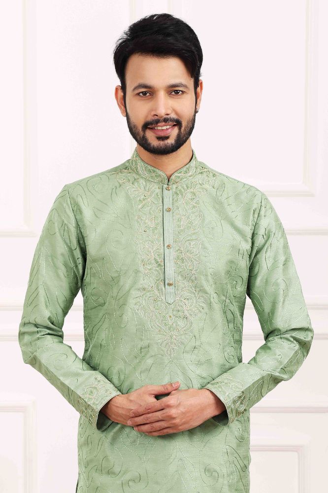 Raivat Ethnic Art Banarasi Silk Thread Work Kurta Pajama In Pista Green Colour | Grocsy