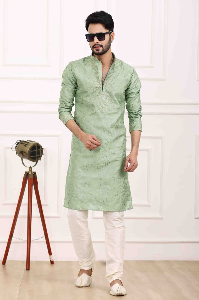 Raivat Ethnic Art Banarasi Silk Thread Work Kurta Pajama In Pista Green Colour | Grocsy