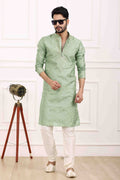 Raivat Ethnic Art Banarasi Silk Thread Work Kurta Pajama In Pista Green Colour | Grocsy