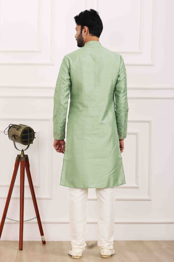 Raivat Ethnic Art Banarasi Silk Thread Work Kurta Pajama In Pista Green Colour | Grocsy