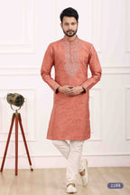 Raivat Ethnic Art Banarasi Silk Thread Work Kurta Pajama In Rust Pink Colour | Grocsy