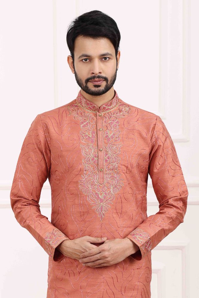 Raivat Ethnic Art Banarasi Silk Thread Work Kurta Pajama In Rust Pink Colour | Grocsy