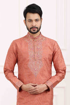 Raivat Ethnic Art Banarasi Silk Thread Work Kurta Pajama In Rust Pink Colour | Grocsy
