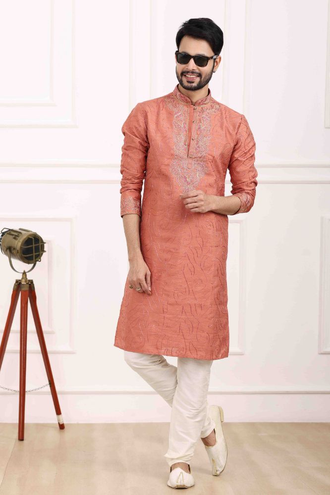 Raivat Ethnic Art Banarasi Silk Thread Work Kurta Pajama In Rust Pink Colour | Grocsy