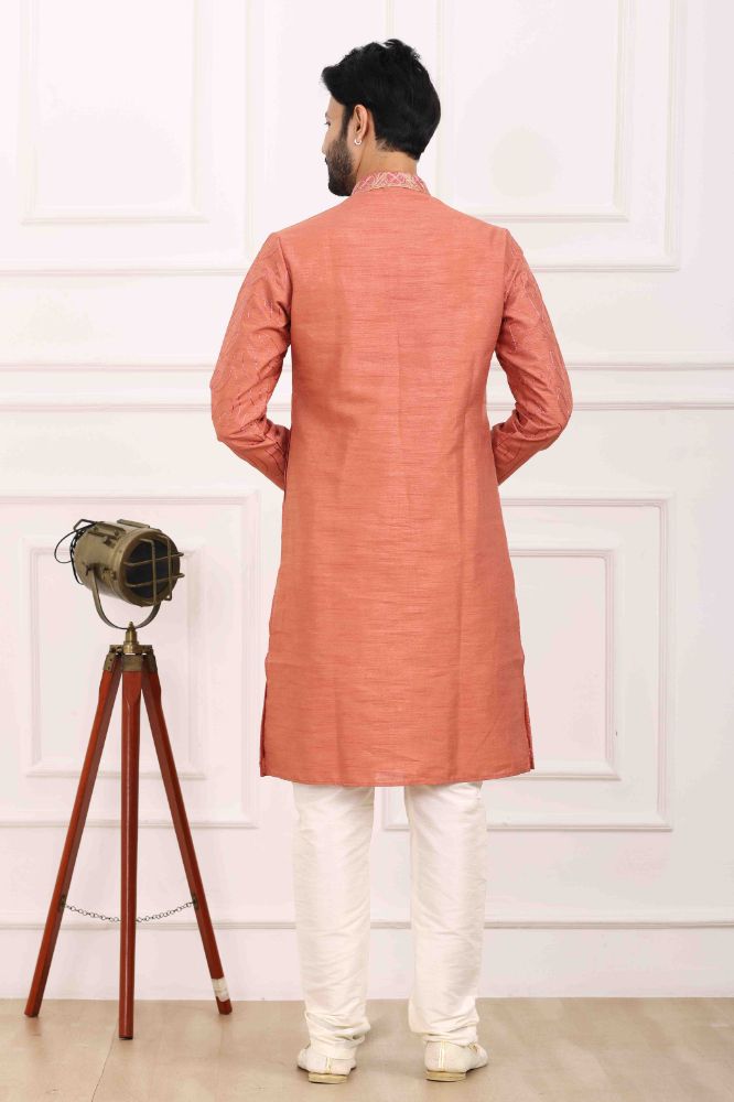 Raivat Ethnic Art Banarasi Silk Thread Work Kurta Pajama In Rust Pink Colour | Grocsy