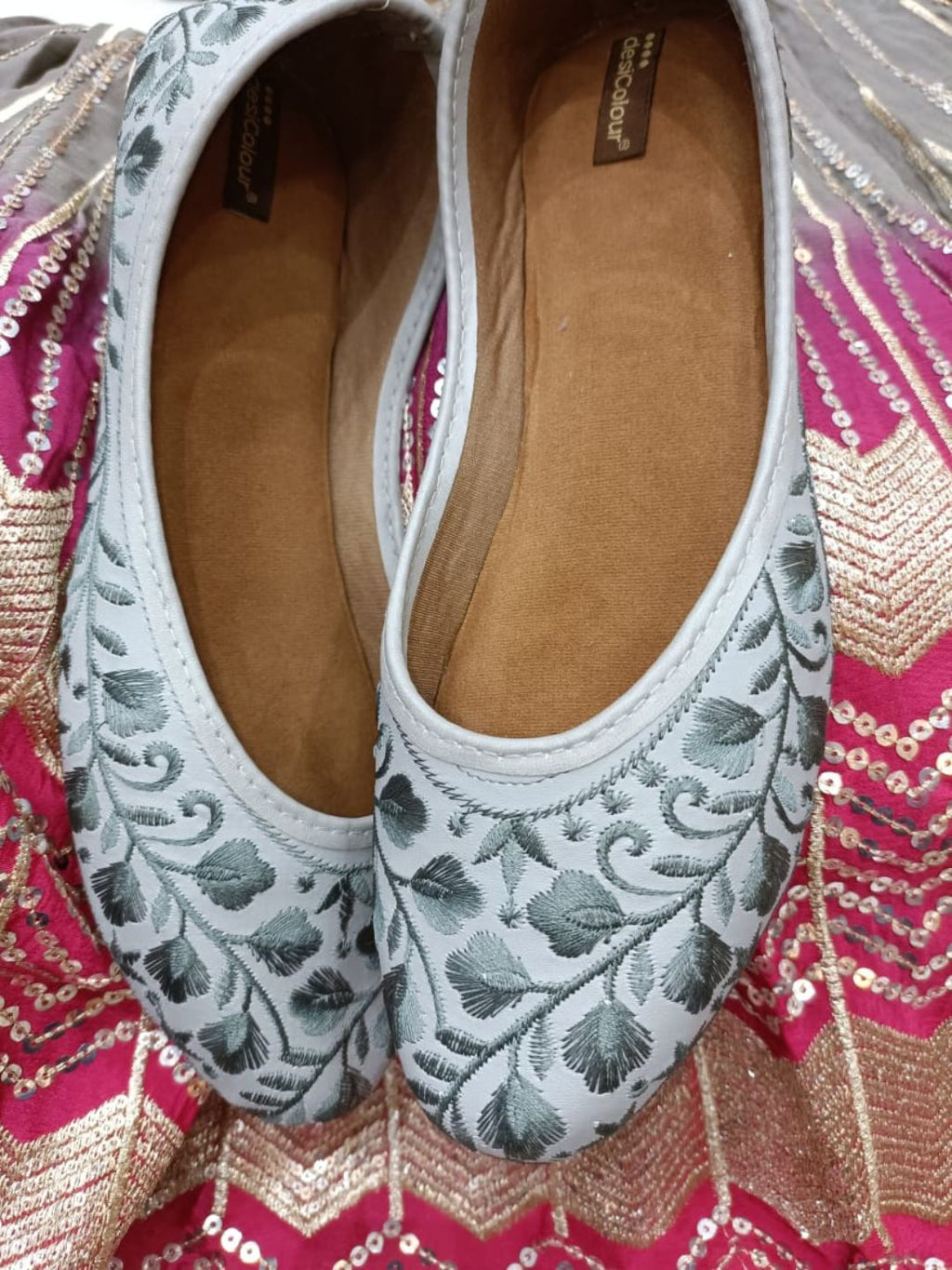 Desi Colour Women Indian Ethnic Footwear-Grey Heavy Work-LR | Grocsy