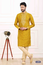Raivat Ethnic Art Banarasi Silk Thread Work Kurta Pajama In Mustard Colour | Grocsy