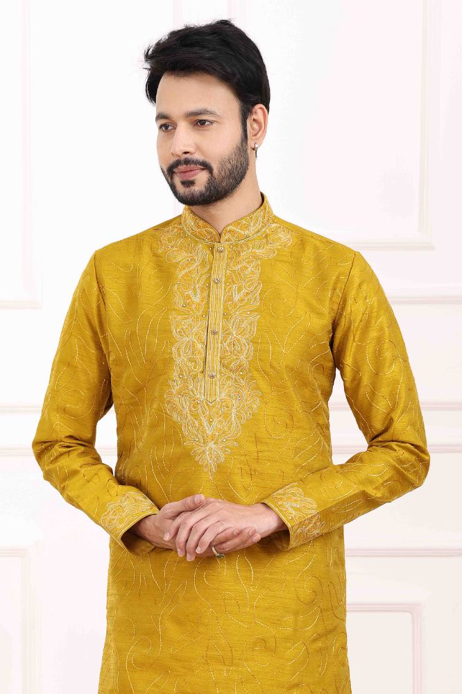 Raivat Ethnic Art Banarasi Silk Thread Work Kurta Pajama In Mustard Colour | Grocsy