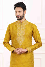 Raivat Ethnic Art Banarasi Silk Thread Work Kurta Pajama In Mustard Colour | Grocsy