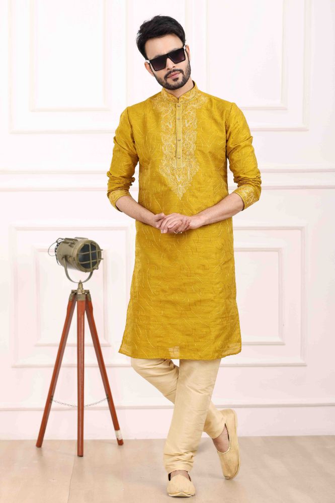Raivat Ethnic Art Banarasi Silk Thread Work Kurta Pajama In Mustard Colour | Grocsy