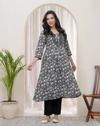 Vaasva Black Floral Cotton Printed Gathered Kurti | Grocsy