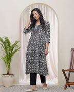 Vaasva Black Floral Cotton Printed Gathered Kurti | Grocsy