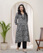 Vaasva Black Floral Cotton Printed Gathered Kurti | Grocsy