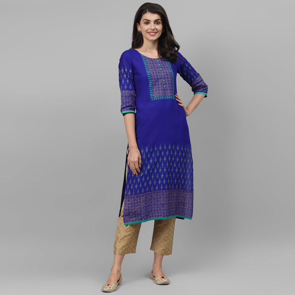 Maai Rayon Hand Printed Kurta Blue | Grocsy