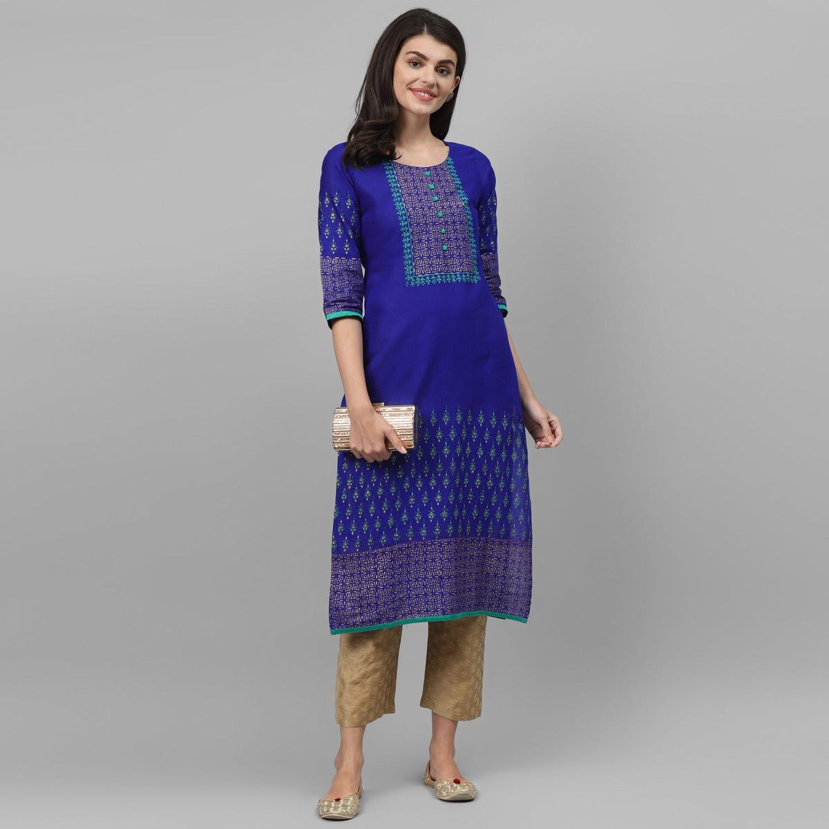 Maai Rayon Hand Printed Kurta Blue | Grocsy