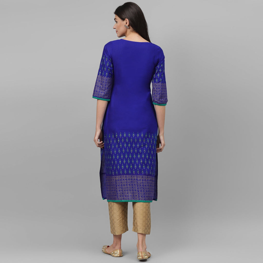 Maai Rayon Hand Printed Kurta Blue | Grocsy