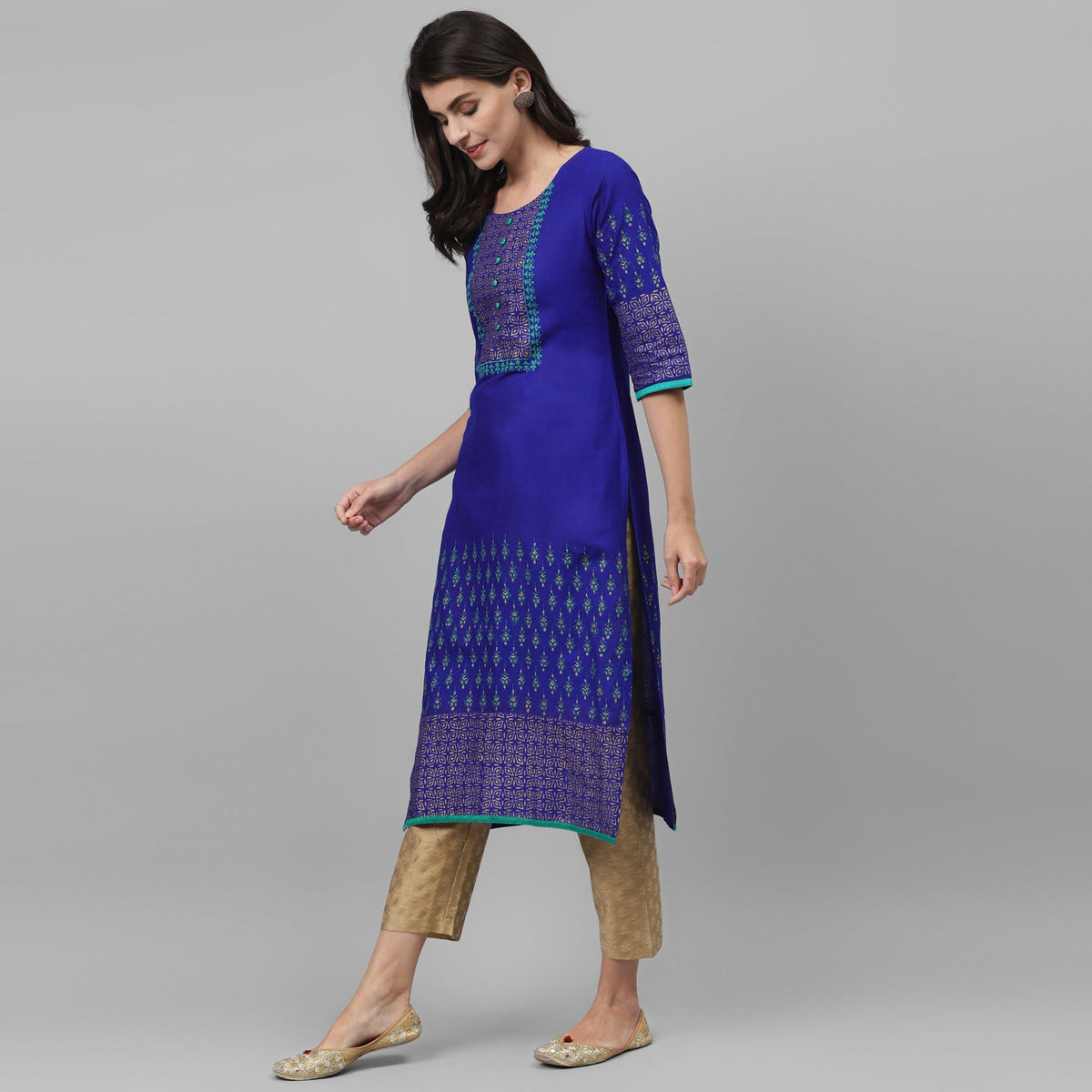Maai Rayon Hand Printed Kurta Blue | Grocsy