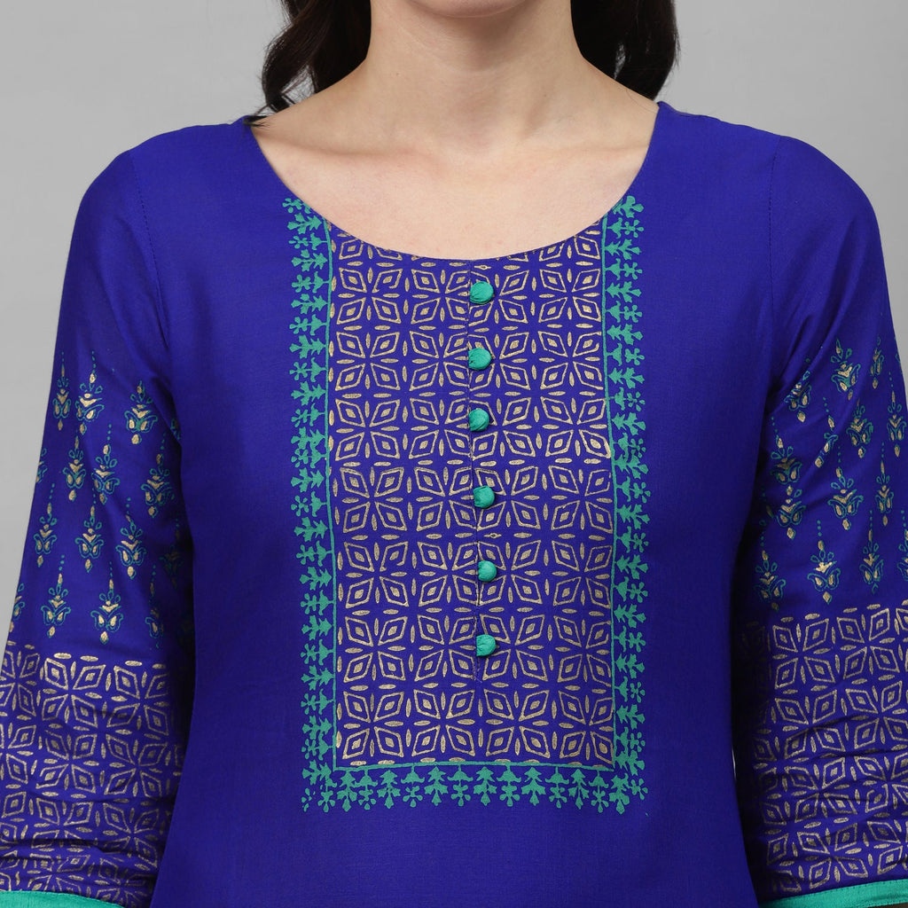 Maai Rayon Hand Printed Kurta Blue | Grocsy