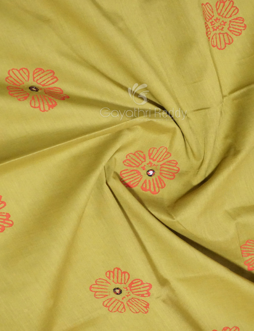 Mehndi Green Colour Block Print With Mirron Embroidered Pure Mulmul Cotton Saree By Gayathri Reddy Designer Studio | Grocsy