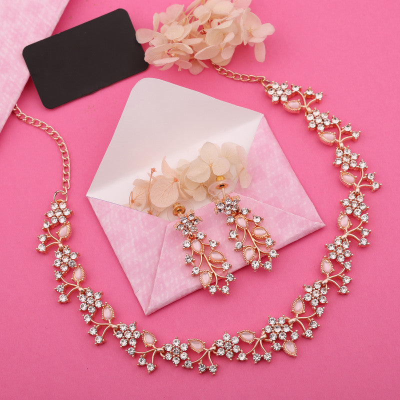 Tehzeeb Creations Brass, Stone, Crystal, Stainless Steel Gold-Polished Pink Jewel Set | Grocsy