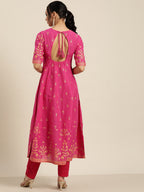 Sangria Women Pink & Golden Ethnic Motifs Printed Keyhole Neck Kurta | Grocsy