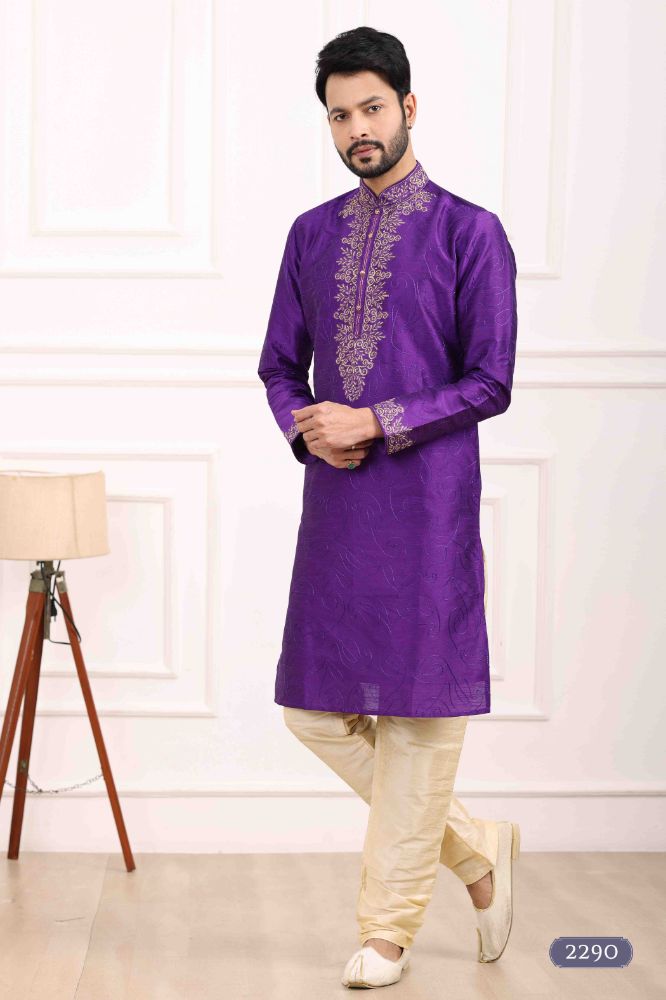 Raivat Ethnic Art Banarasi Silk Thread Work Kurta Pajama In Purple Colour | Grocsy