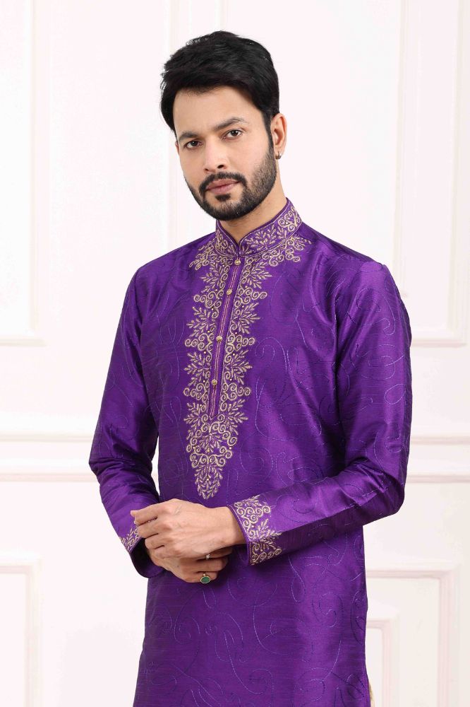 Raivat Ethnic Art Banarasi Silk Thread Work Kurta Pajama In Purple Colour | Grocsy