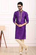 Raivat Ethnic Art Banarasi Silk Thread Work Kurta Pajama In Purple Colour | Grocsy