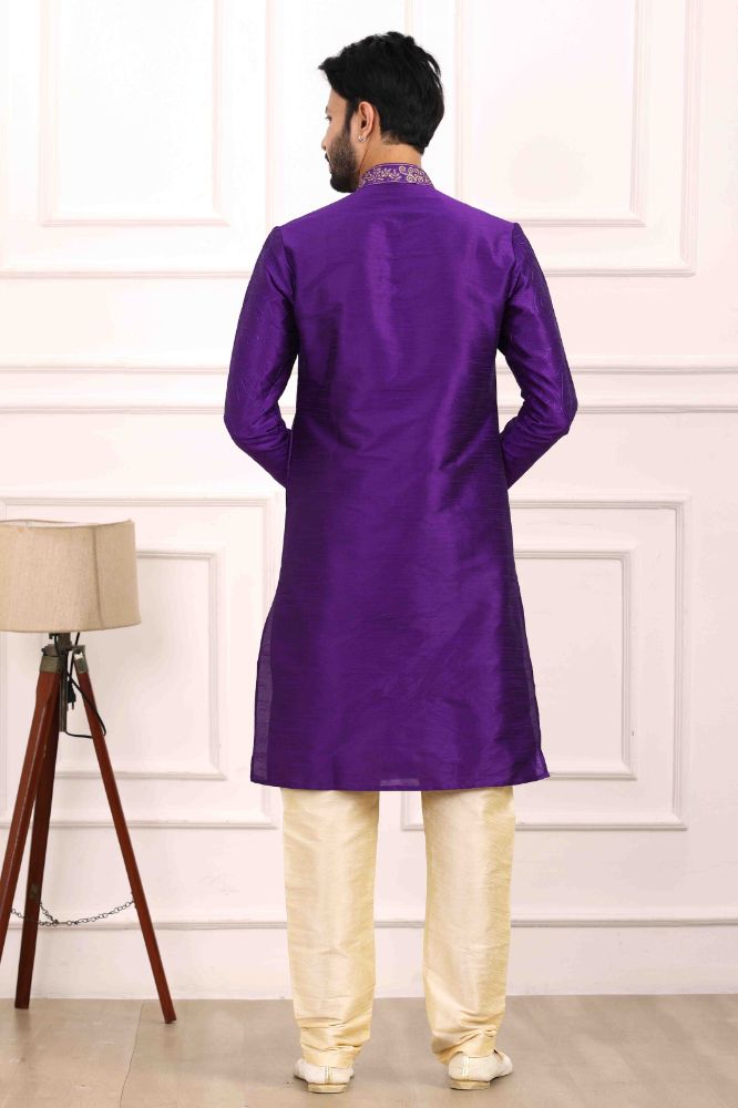 Raivat Ethnic Art Banarasi Silk Thread Work Kurta Pajama In Purple Colour | Grocsy