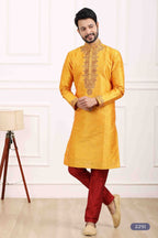 Raivat Ethnic Art Banarasi Silk Thread Work Kurta Pajama In Mustard Colour | Grocsy