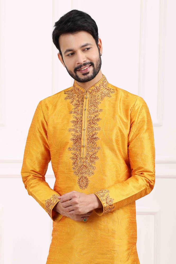 Raivat Ethnic Art Banarasi Silk Thread Work Kurta Pajama In Mustard Colour | Grocsy