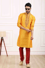 Raivat Ethnic Art Banarasi Silk Thread Work Kurta Pajama In Mustard Colour | Grocsy