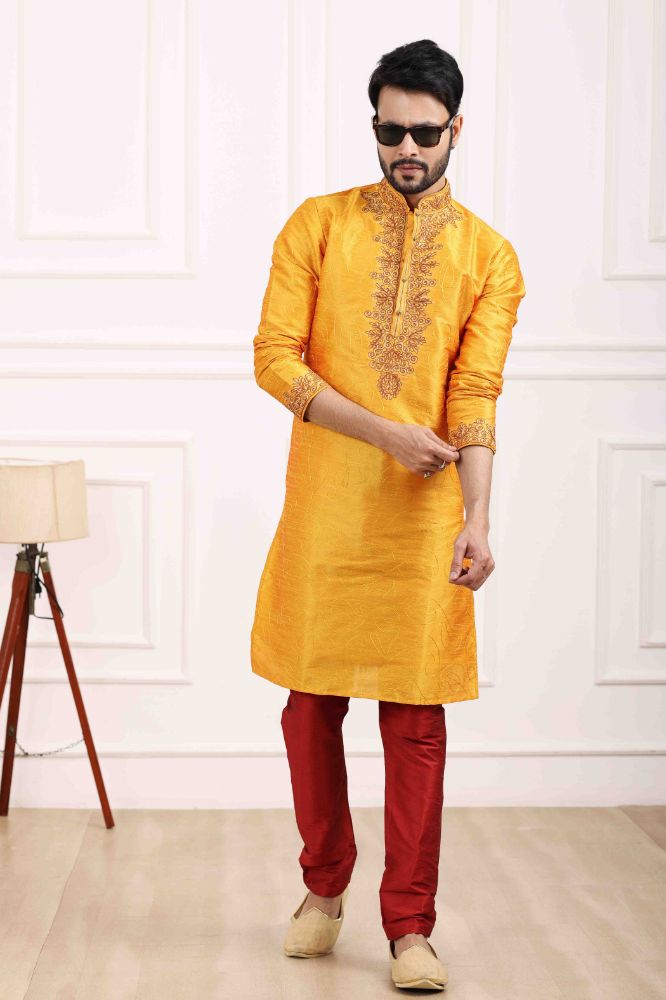 Raivat Ethnic Art Banarasi Silk Thread Work Kurta Pajama In Mustard Colour | Grocsy