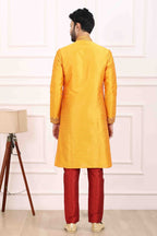 Raivat Ethnic Art Banarasi Silk Thread Work Kurta Pajama In Mustard Colour | Grocsy