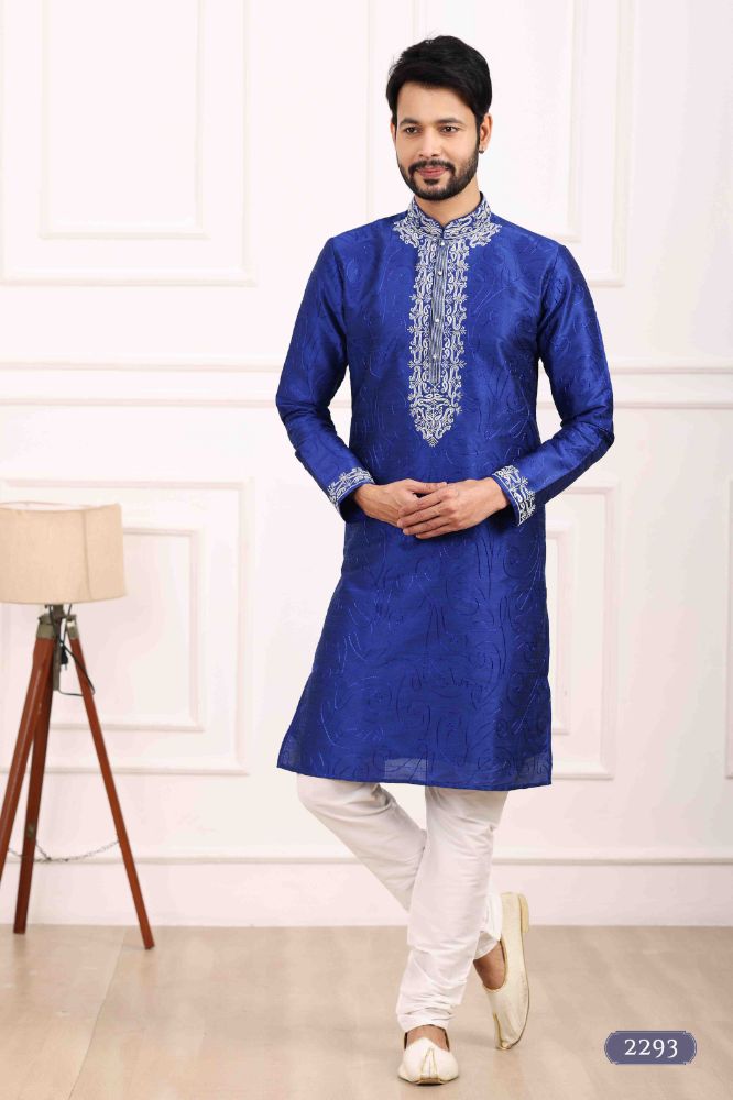 Raivat Ethnic Art Banarasi Silk Thread Work Kurta Pajama In Blue Colour | Grocsy