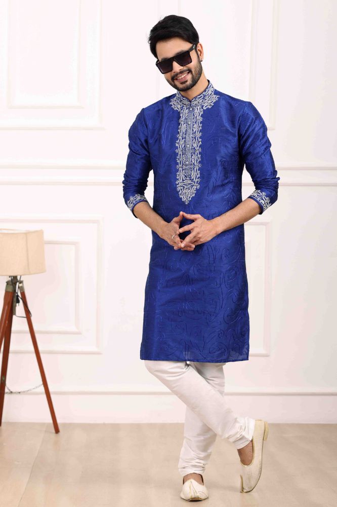 Raivat Ethnic Art Banarasi Silk Thread Work Kurta Pajama In Blue Colour | Grocsy