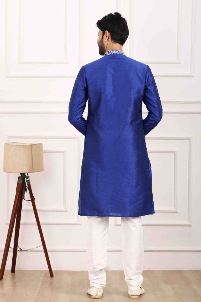 Raivat Ethnic Art Banarasi Silk Thread Work Kurta Pajama In Blue Colour | Grocsy