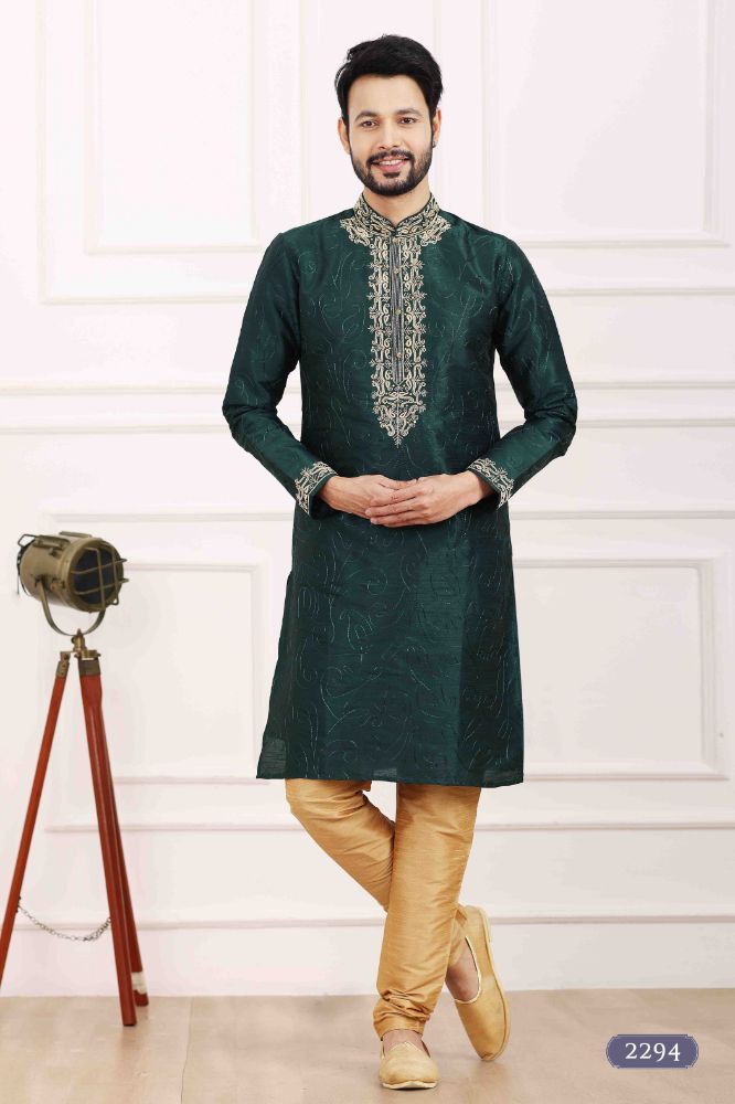 Raivat Ethnic Art Banarasi Silk Thread Work Kurta Pajama In Green Colour | Grocsy